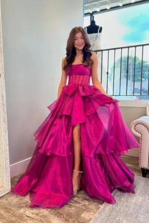 Fuchsia Organza A-line Strapless Ruffle Tiered Prom Dresses With Slit, MP973