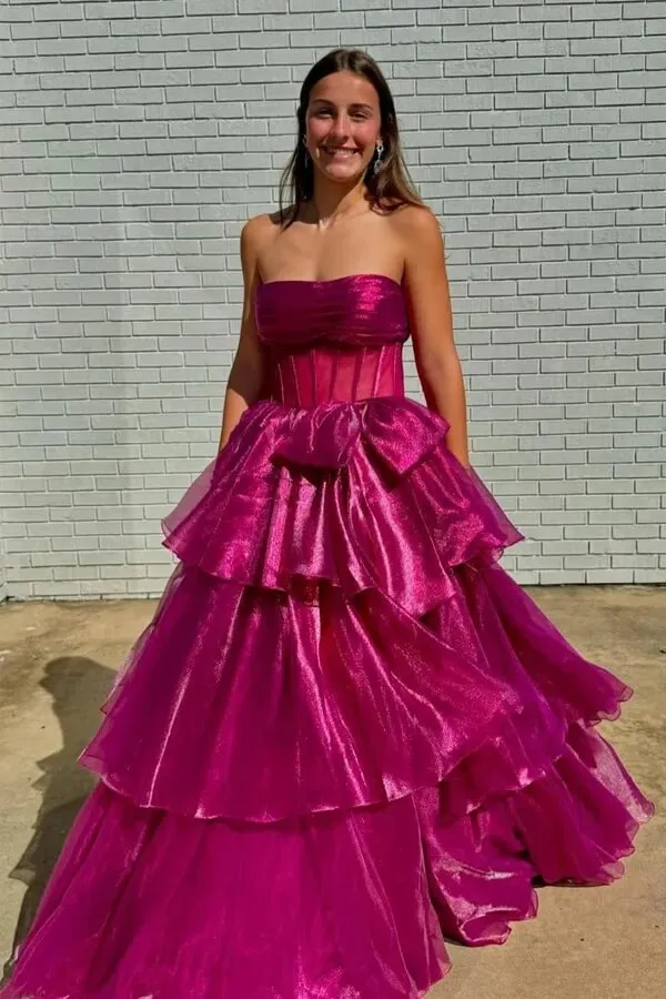 Fuchsia Organza A-line Strapless Ruffle Tiered Prom Dresses With Slit, MP973
