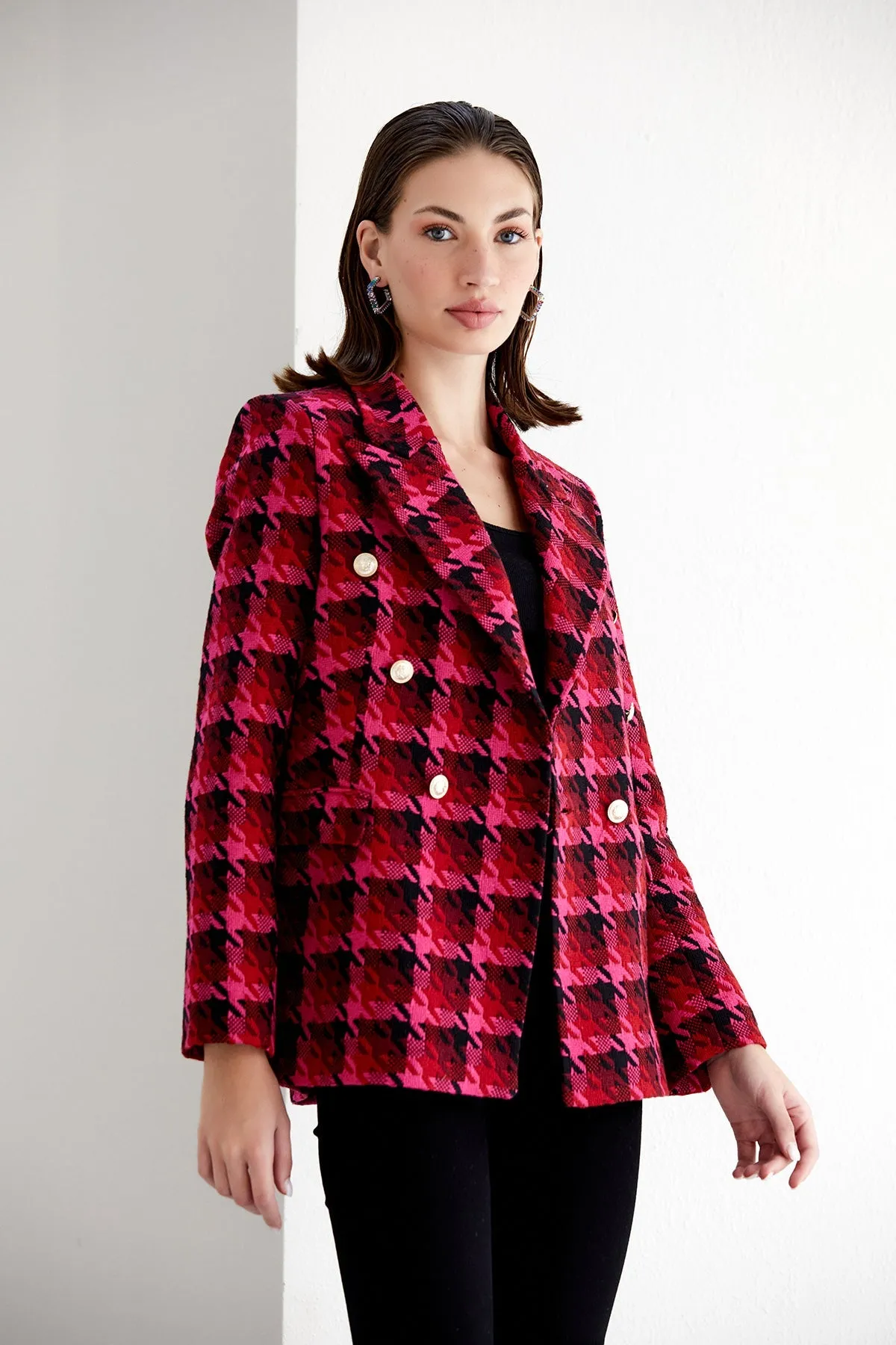 Fuchsia Pink Check Tweed Double Breasted Blazer