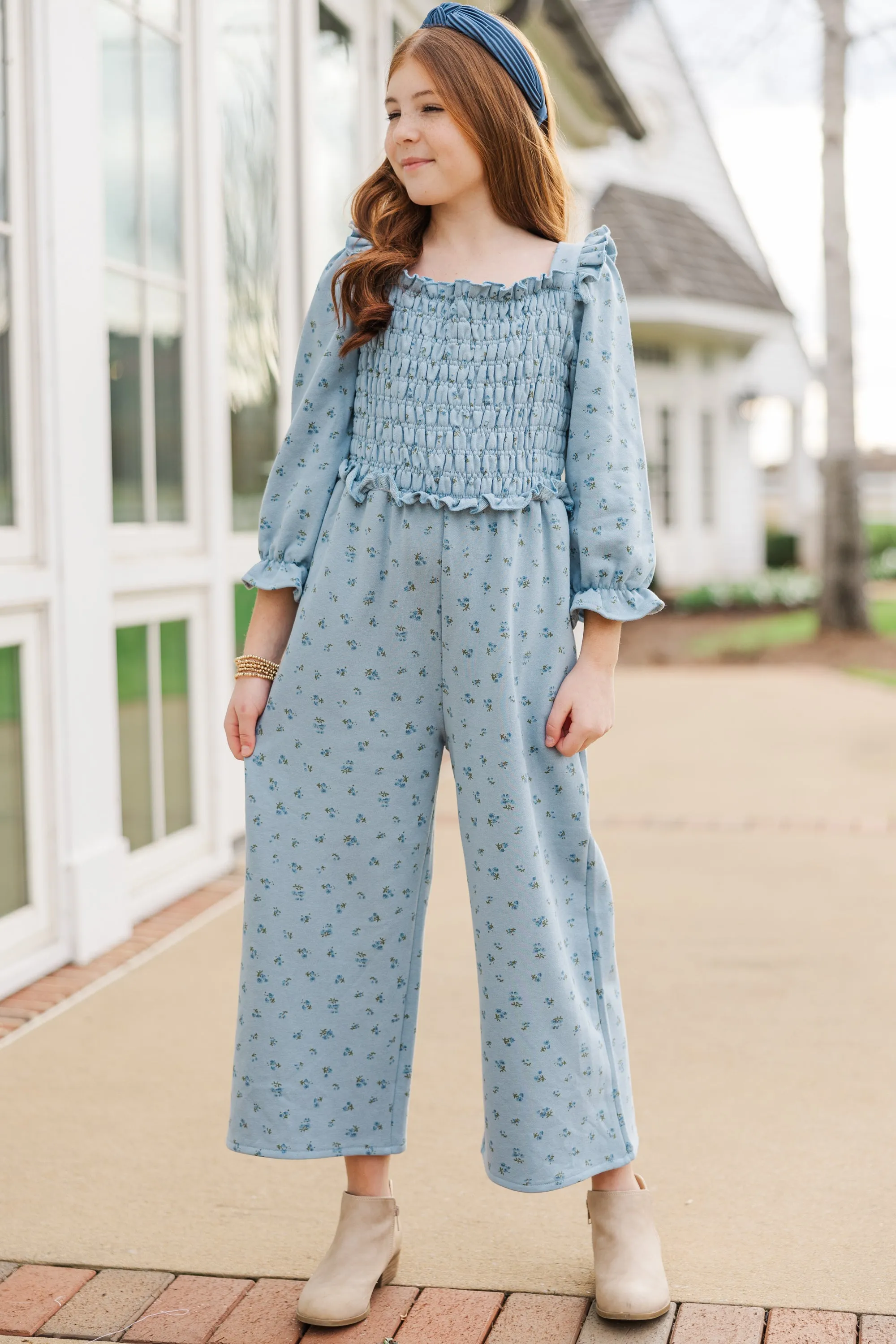 Girls: The Chloe Light Blue Ditsy Floral Jumpsuit