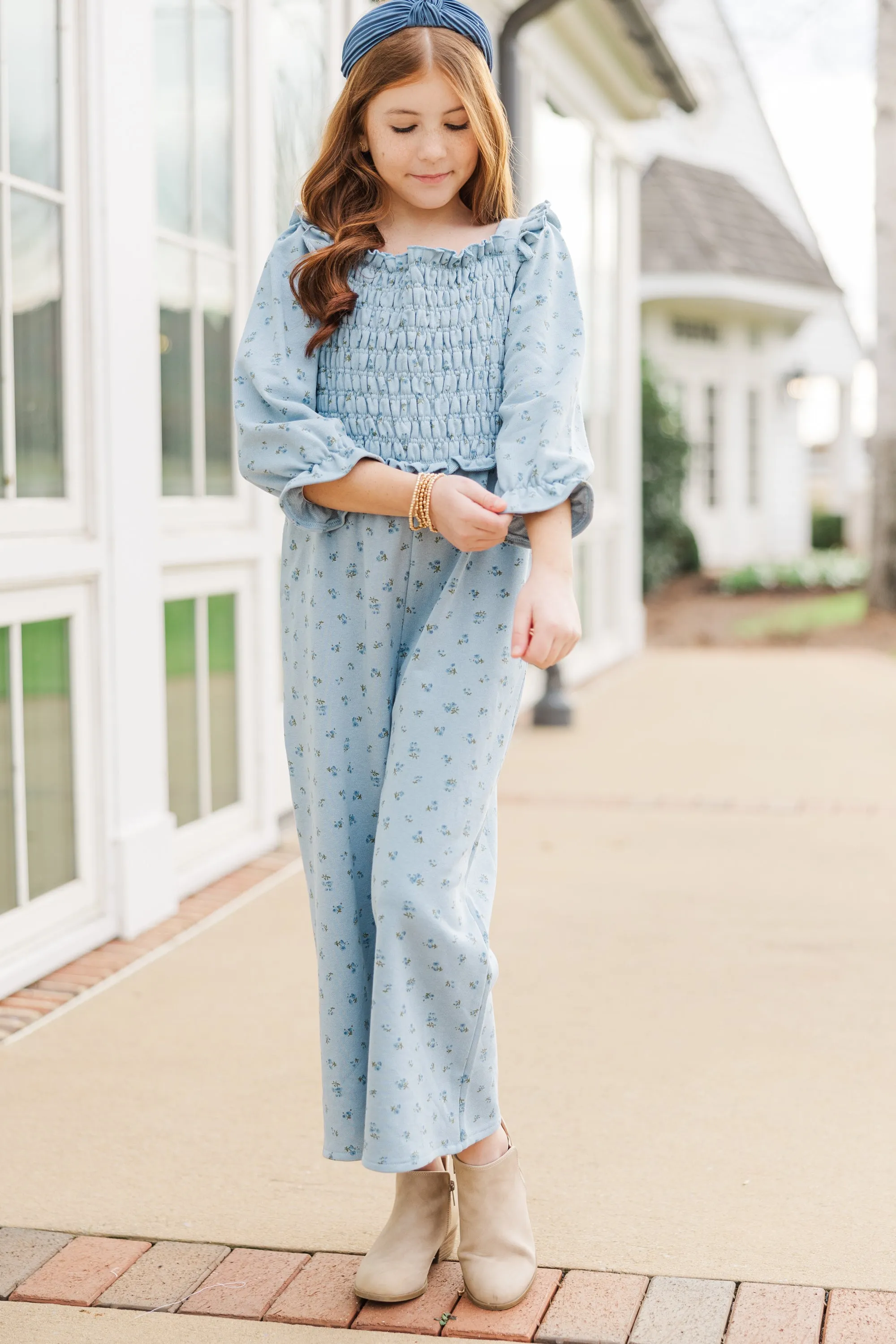 Girls: The Chloe Light Blue Ditsy Floral Jumpsuit