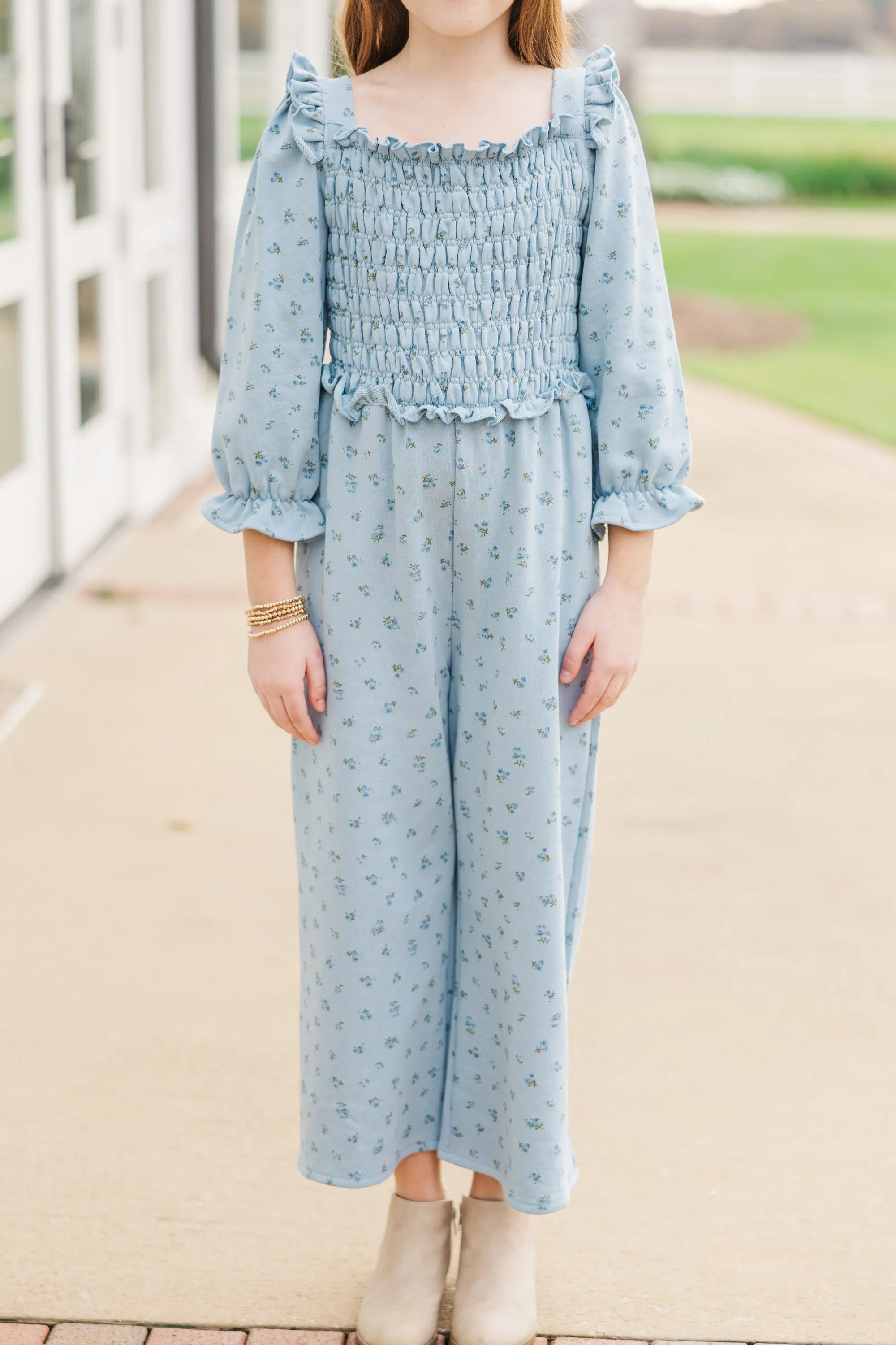 Girls: The Chloe Light Blue Ditsy Floral Jumpsuit
