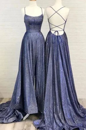 Glitter A Line Sequin Prom Dresses Corss Back with Split