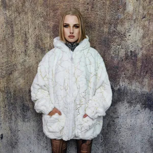 Golden faux fur jacket handmade detachable fluffy rave bomber metallic pattern fleece premium luminous top party coat in white and gold
