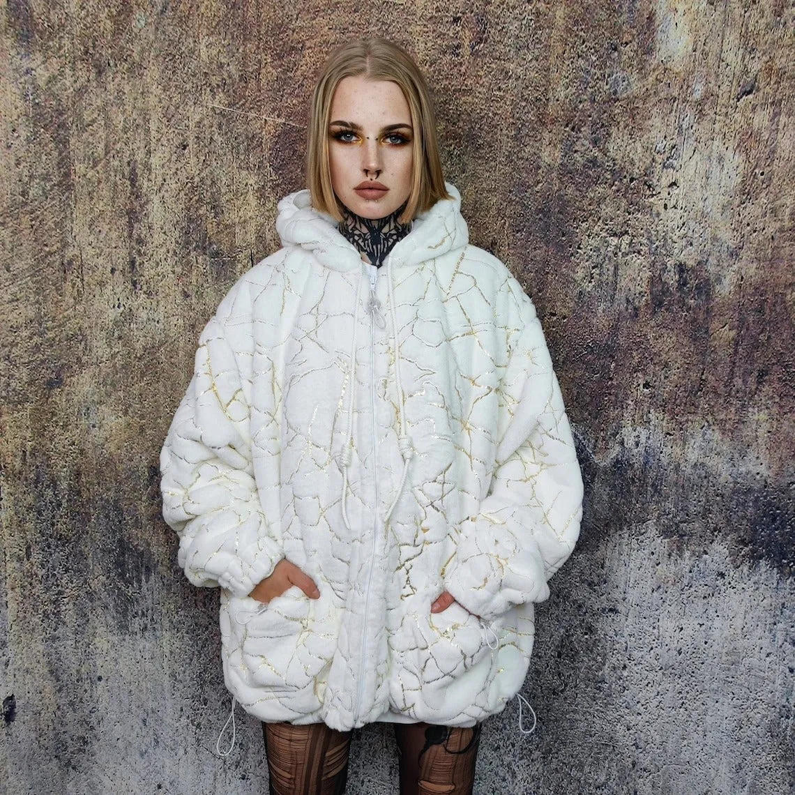 Golden faux fur jacket handmade detachable fluffy rave bomber metallic pattern fleece premium luminous top party coat in white and gold