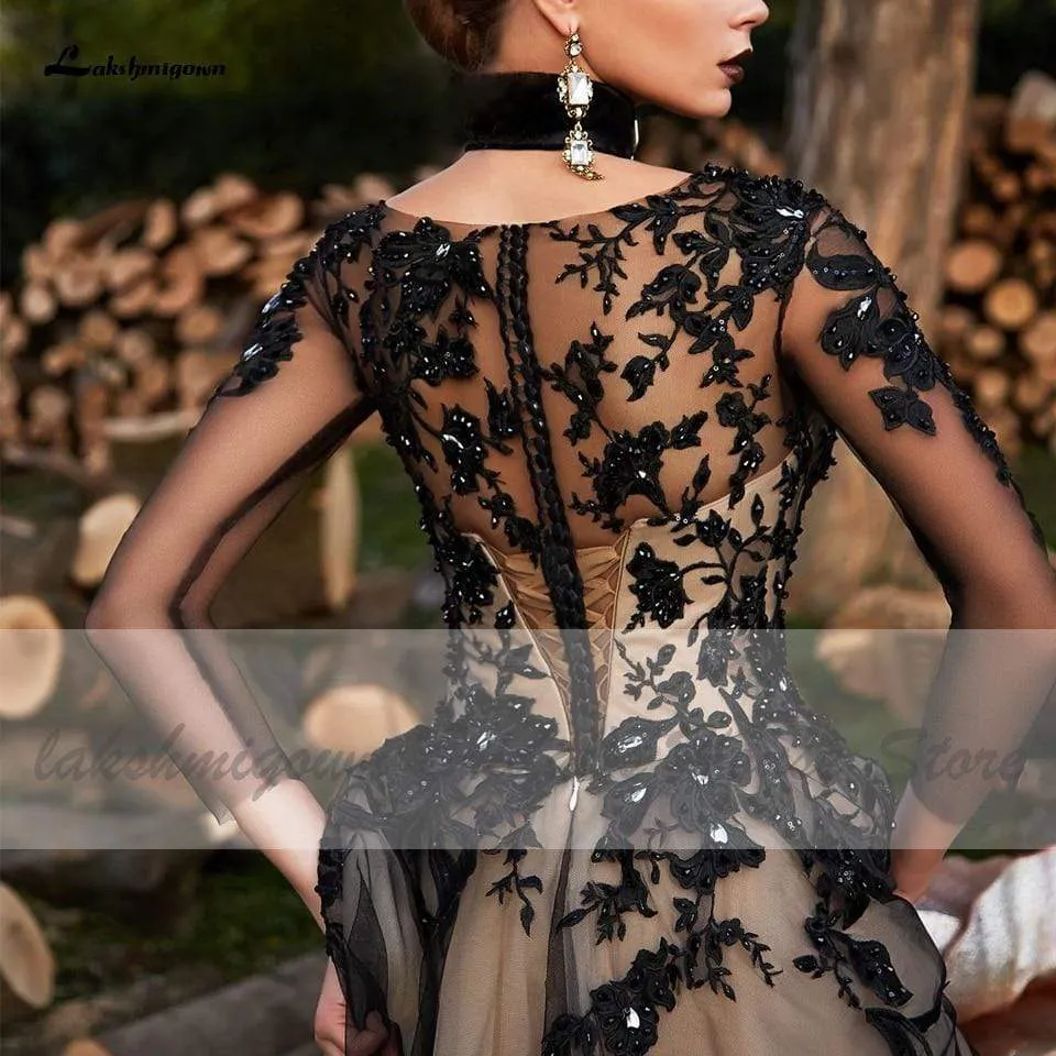 Gothic Black Long Sleeve Wedding Gowns A Line