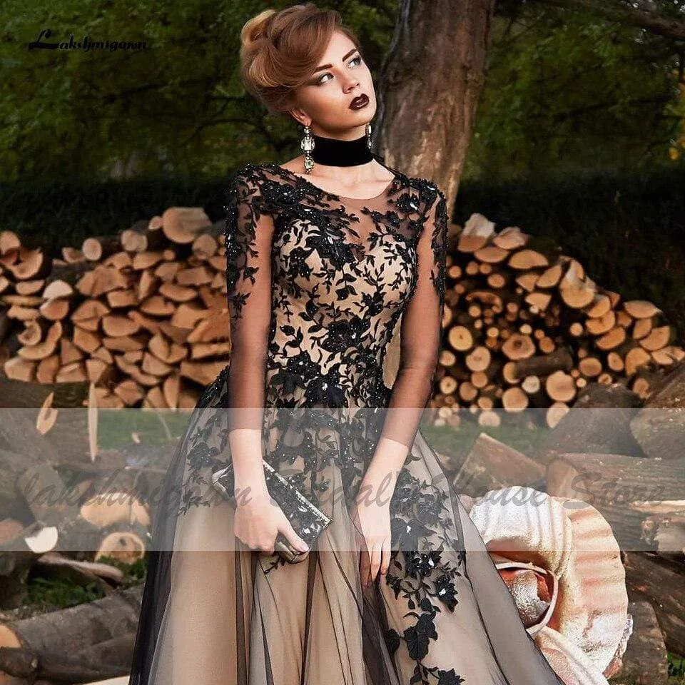 Gothic Black Long Sleeve Wedding Gowns A Line
