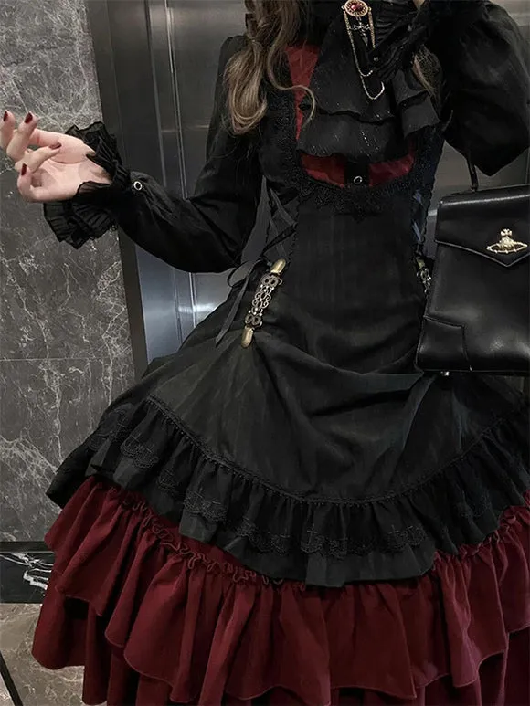 Gothic Lolita Dresses Lace Up Ruffles Color Block Black & Red Romance Gothic