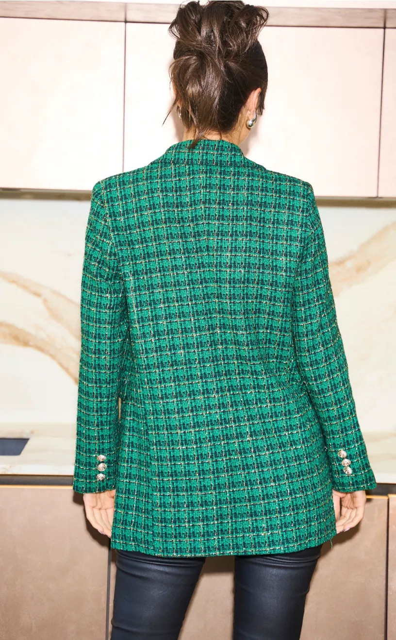 Green Check Tweed Shiny Blazer with 1 Button
