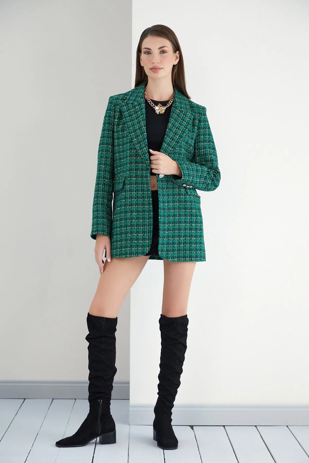 Green Check Tweed Shiny Blazer with 1 Button