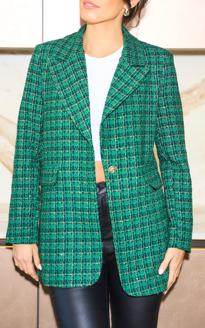 Green Check Tweed Shiny Blazer with 1 Button