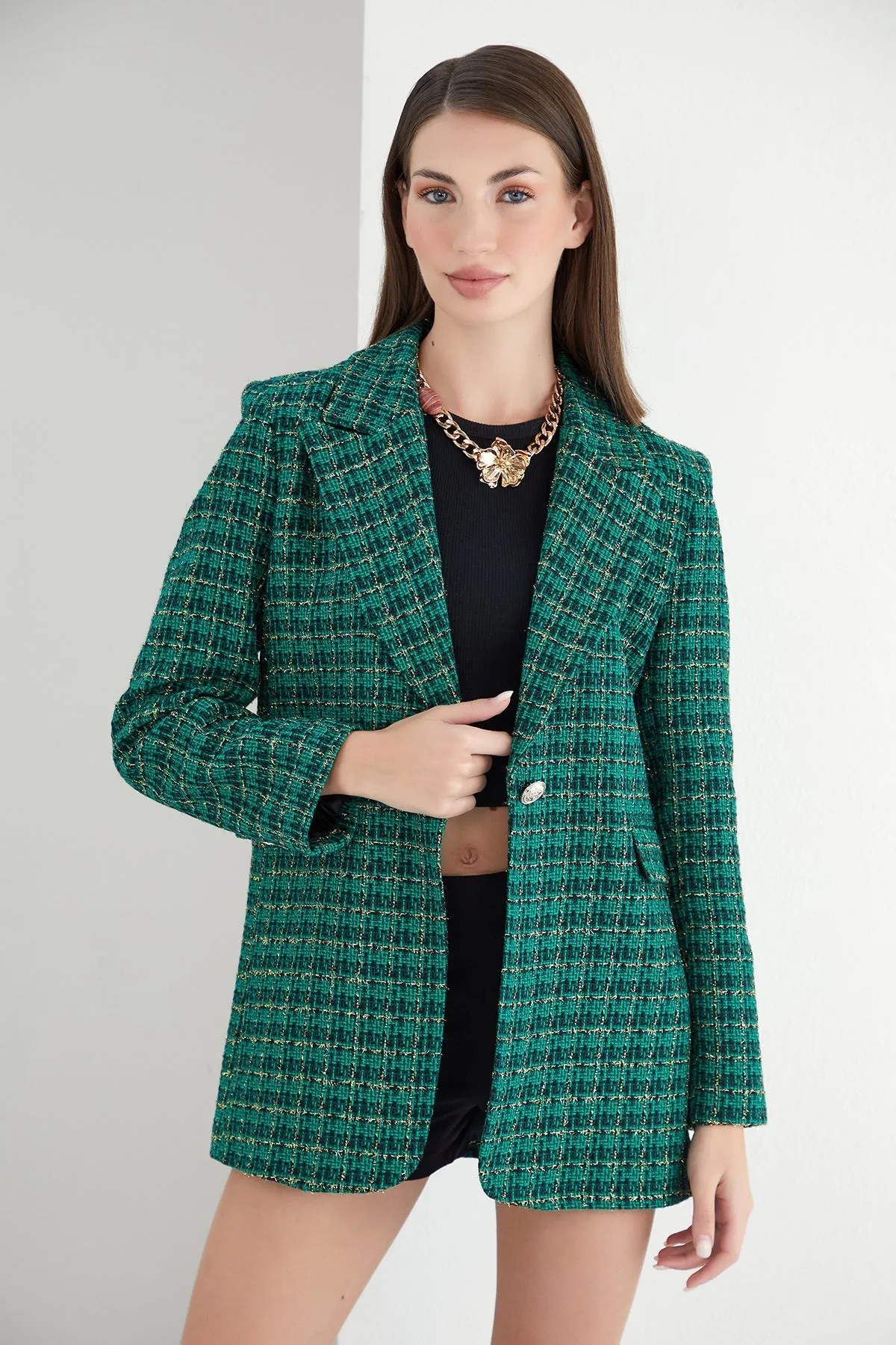 Green Check Tweed Shiny Blazer with 1 Button