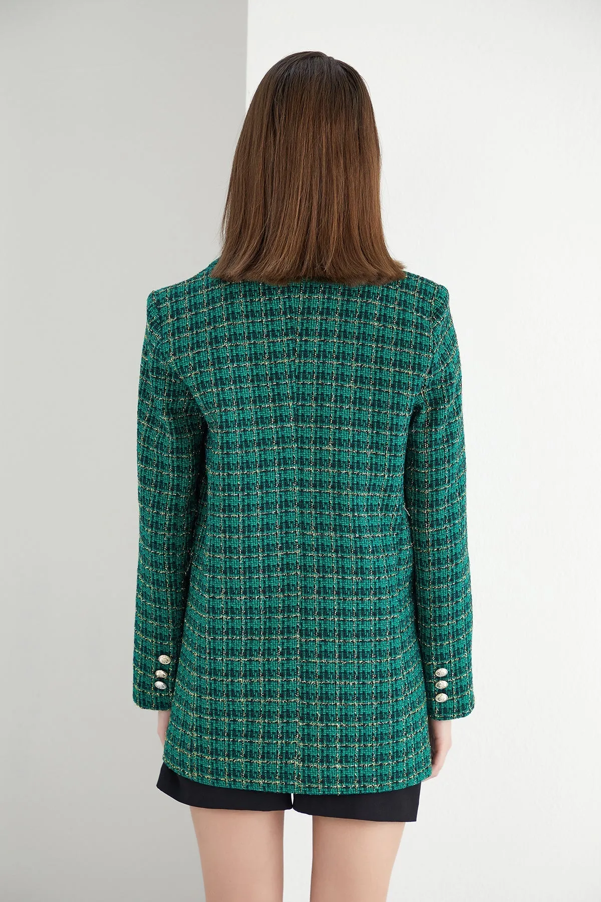 Green Check Tweed Shiny Blazer with 1 Button