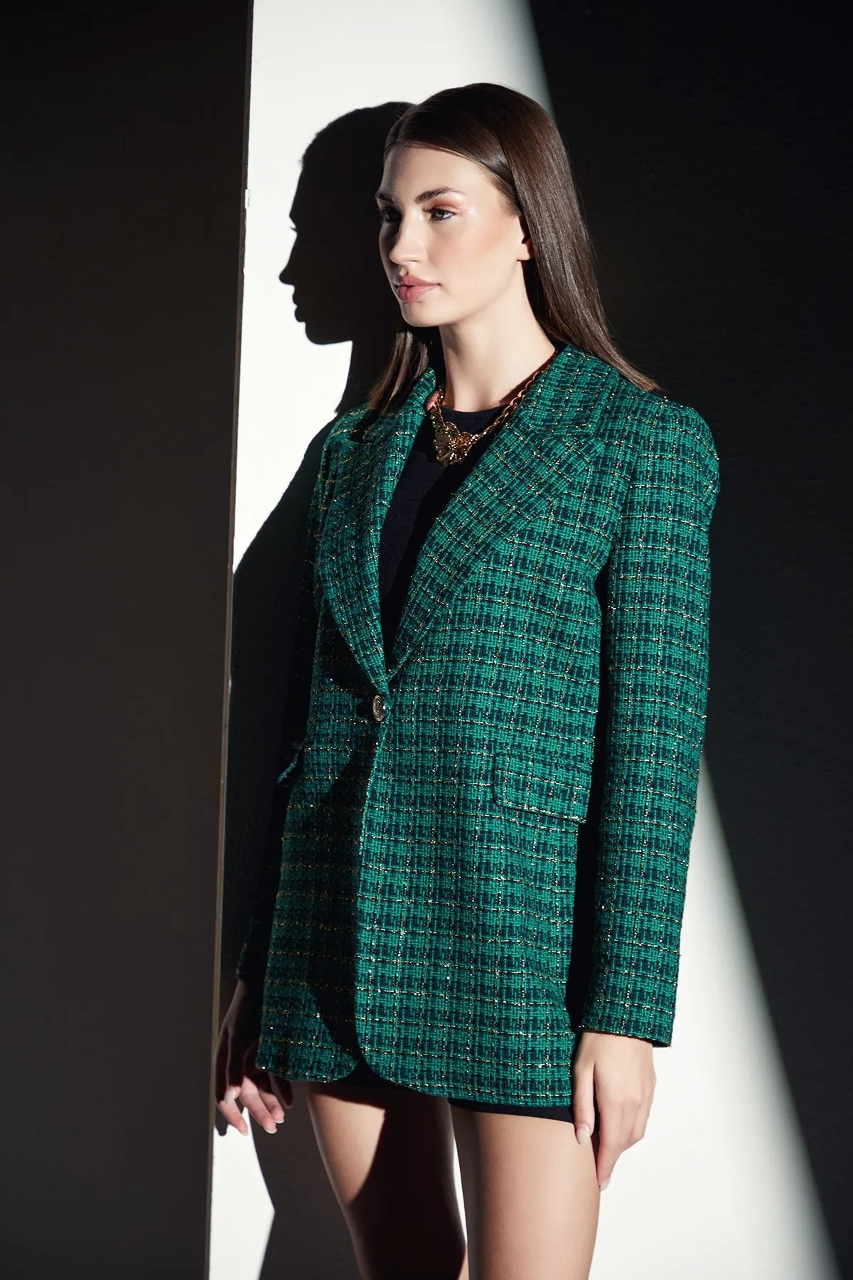 Green Check Tweed Shiny Blazer with 1 Button