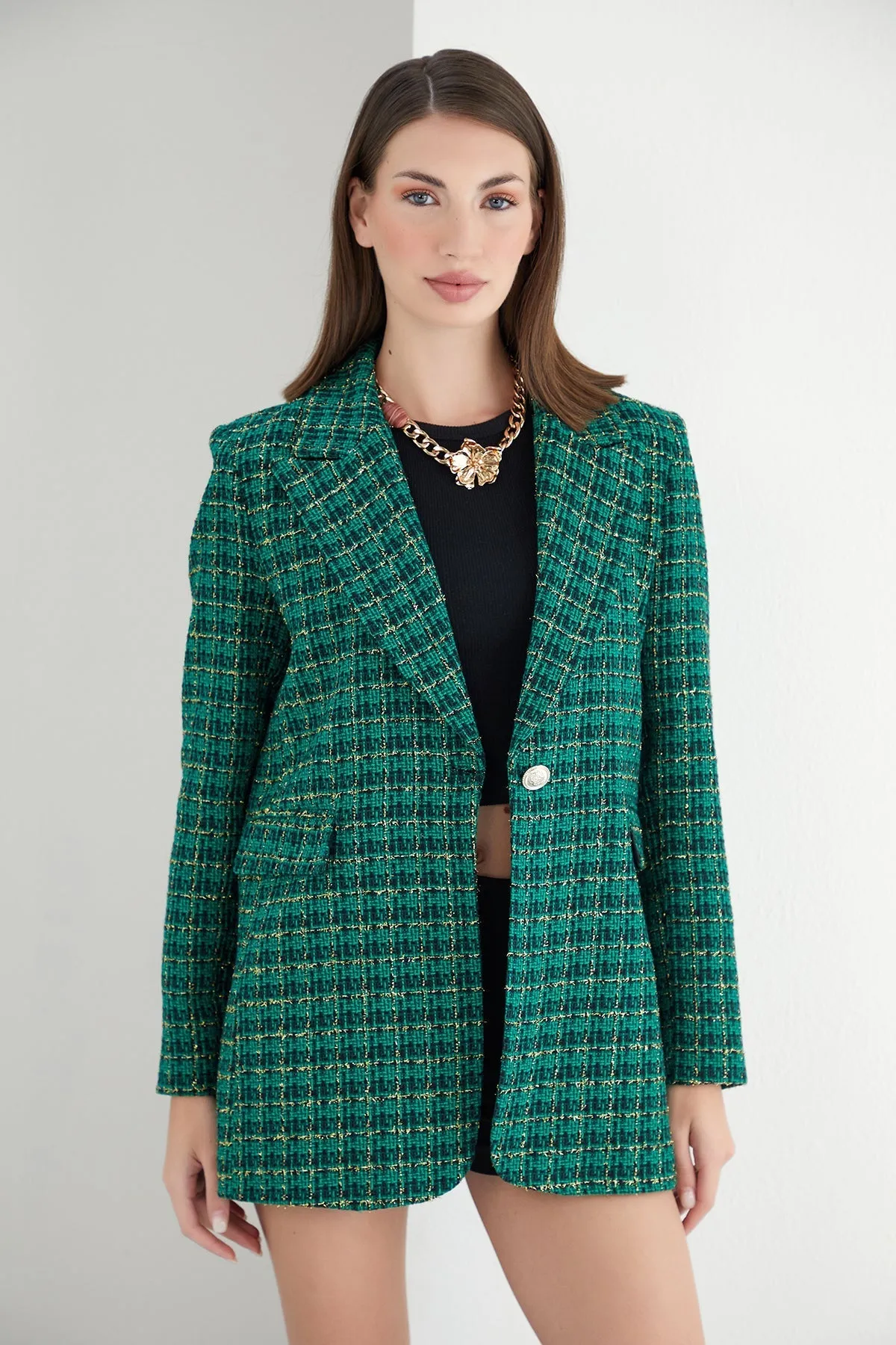 Green Check Tweed Shiny Blazer with 1 Button