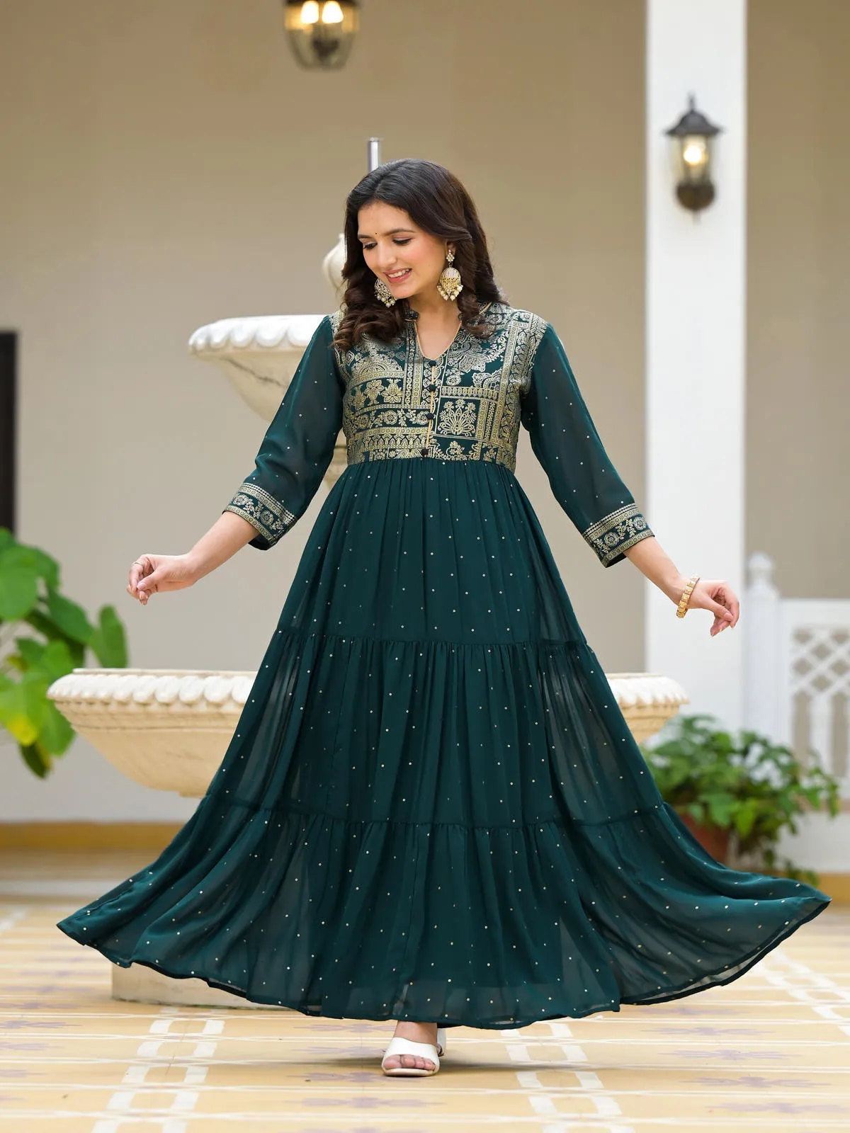 Green Floral Printed Georgette Dress With Sequins-J4750GREEN