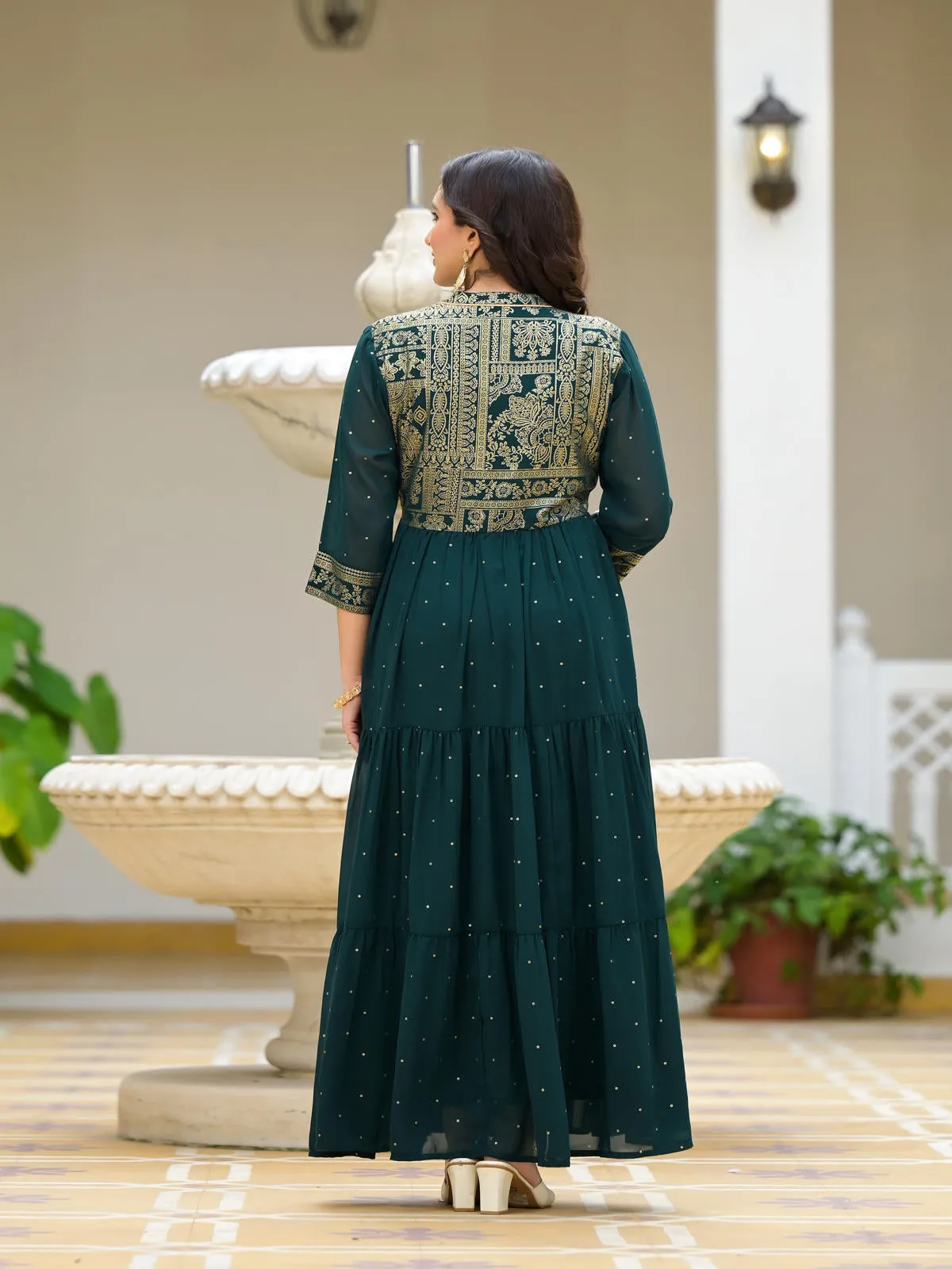 Green Floral Printed Georgette Dress With Sequins-J4750GREEN