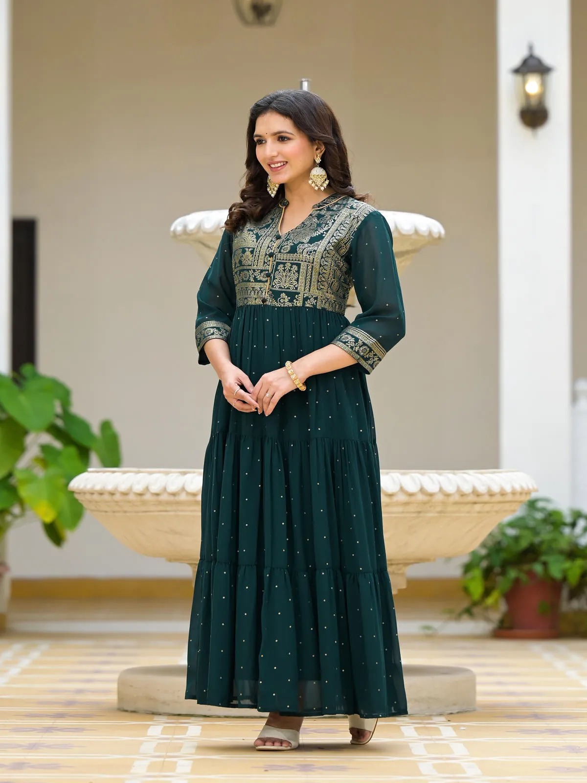 Green Floral Printed Georgette Dress With Sequins-J4750GREEN