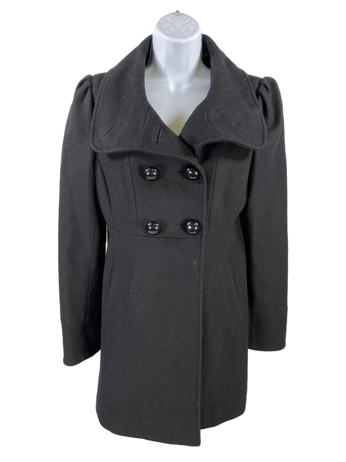 Guess Women's Black Wool Blend Long Sleeve Pea Coat - M