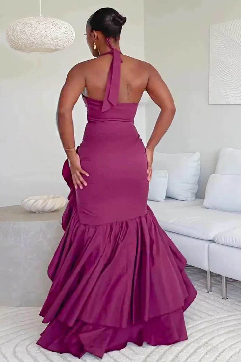Halter Backless Asymmetric Ruffle Slit Party Maxi Dresses-Purple [Pre Order]