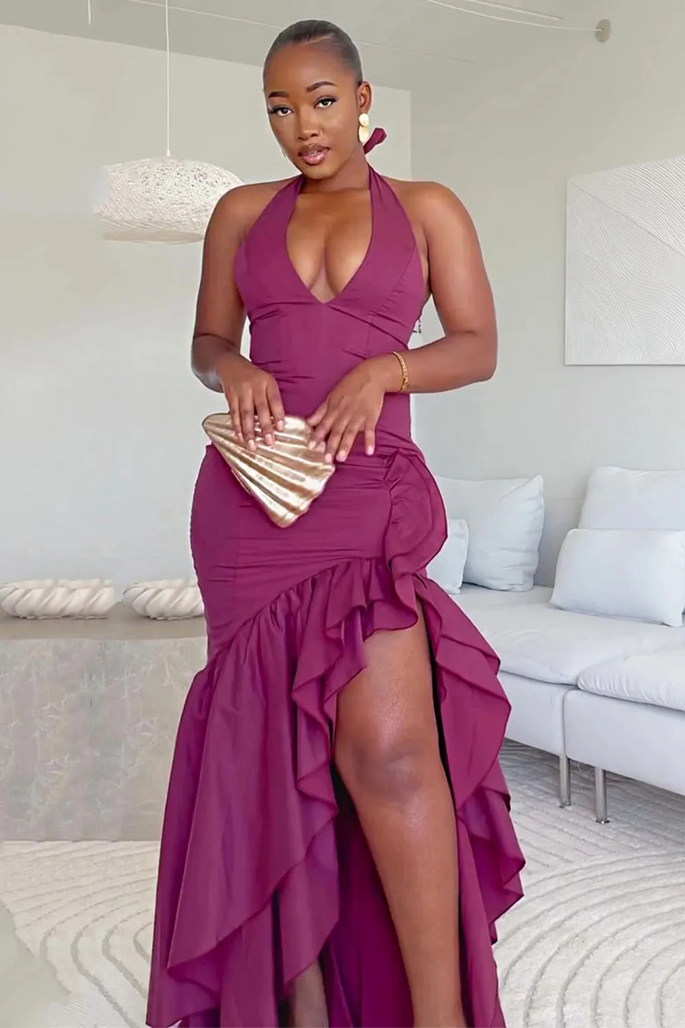 Halter Backless Asymmetric Ruffle Slit Party Maxi Dresses-Purple [Pre Order]