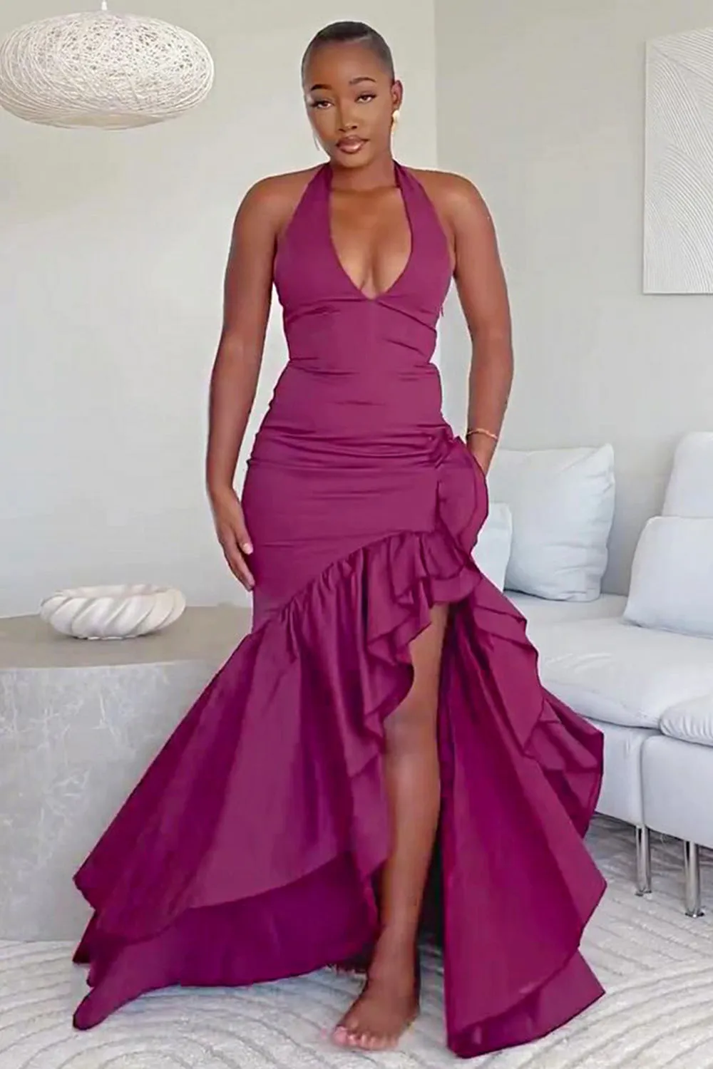 Halter Backless Asymmetric Ruffle Slit Party Maxi Dresses-Purple [Pre Order]