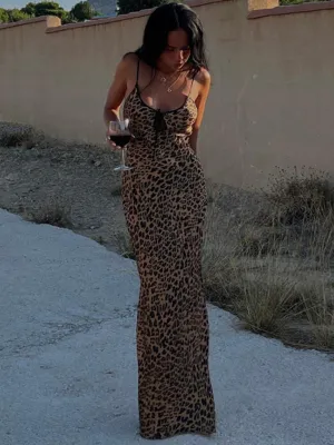Halter Neck Maxi Dress with Backless Design Leopard Print