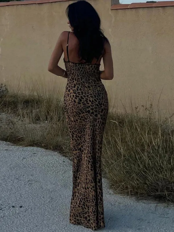 Halter Neck Maxi Dress with Backless Design Leopard Print