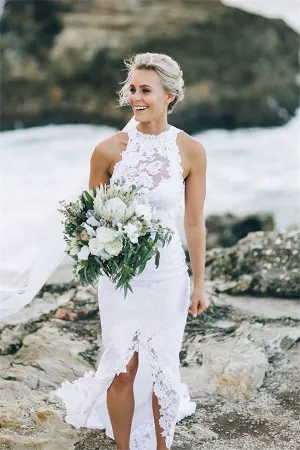 Halter Sweep Train  Wedding Dresses,Lace Up Appliques Back Beach Wedding Gown,SW77