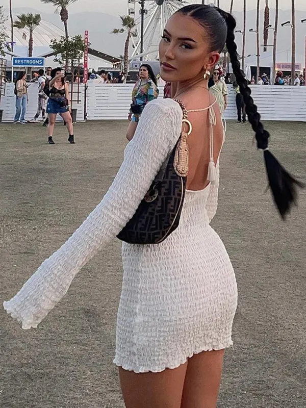 Halterneck Mini Dress with Bubble Thread Texture and Backless Design