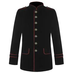Handmade Men Military Jacket Black Cotton Red Goth Steampunk Army Officer Pea Coat