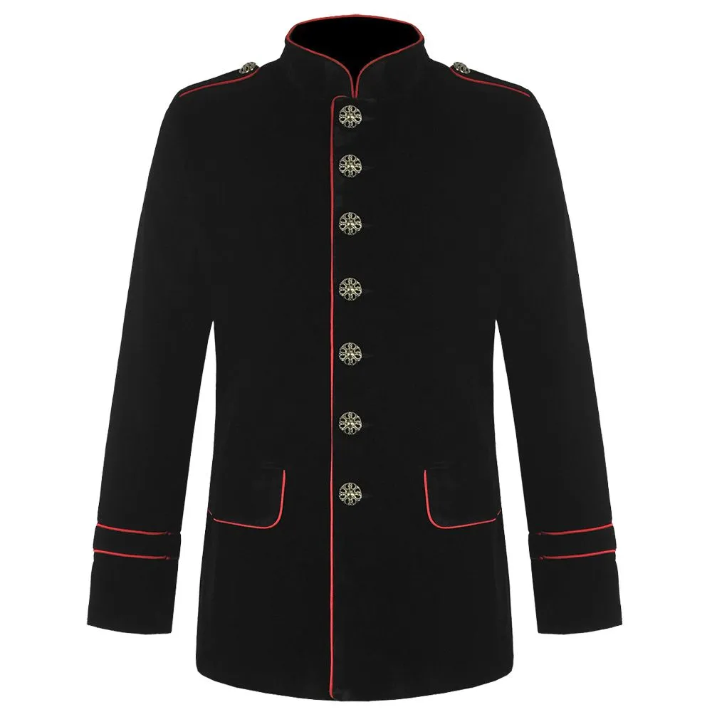 Handmade Men Military Jacket Black Cotton Red Goth Steampunk Army Officer Pea Coat