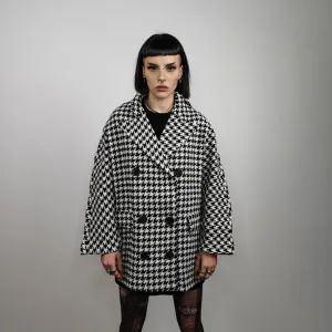 Houndstooth jacket Chequerboard outdoor blazer SKA aviator chess pattern coat dogtooth double breasted pea coat in black and white