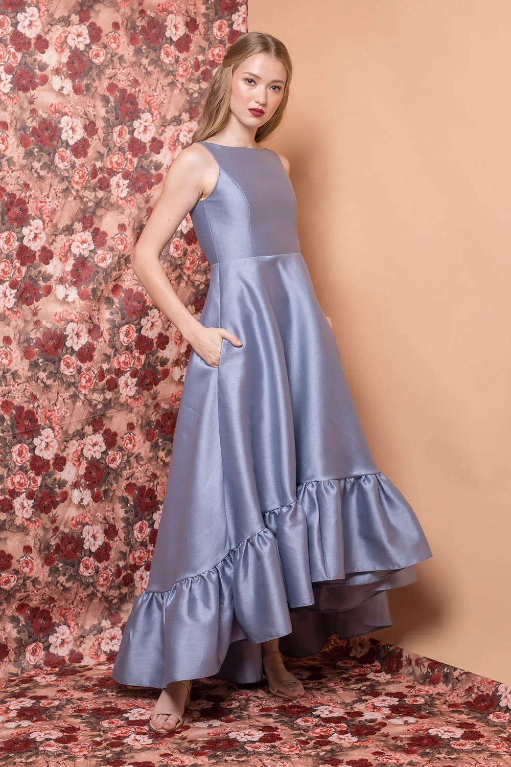 I DO BY ZOO COLETTA Long Back Ruffled Gown with Deep U-Back and Pockets (Serenity Blue Gazaar)