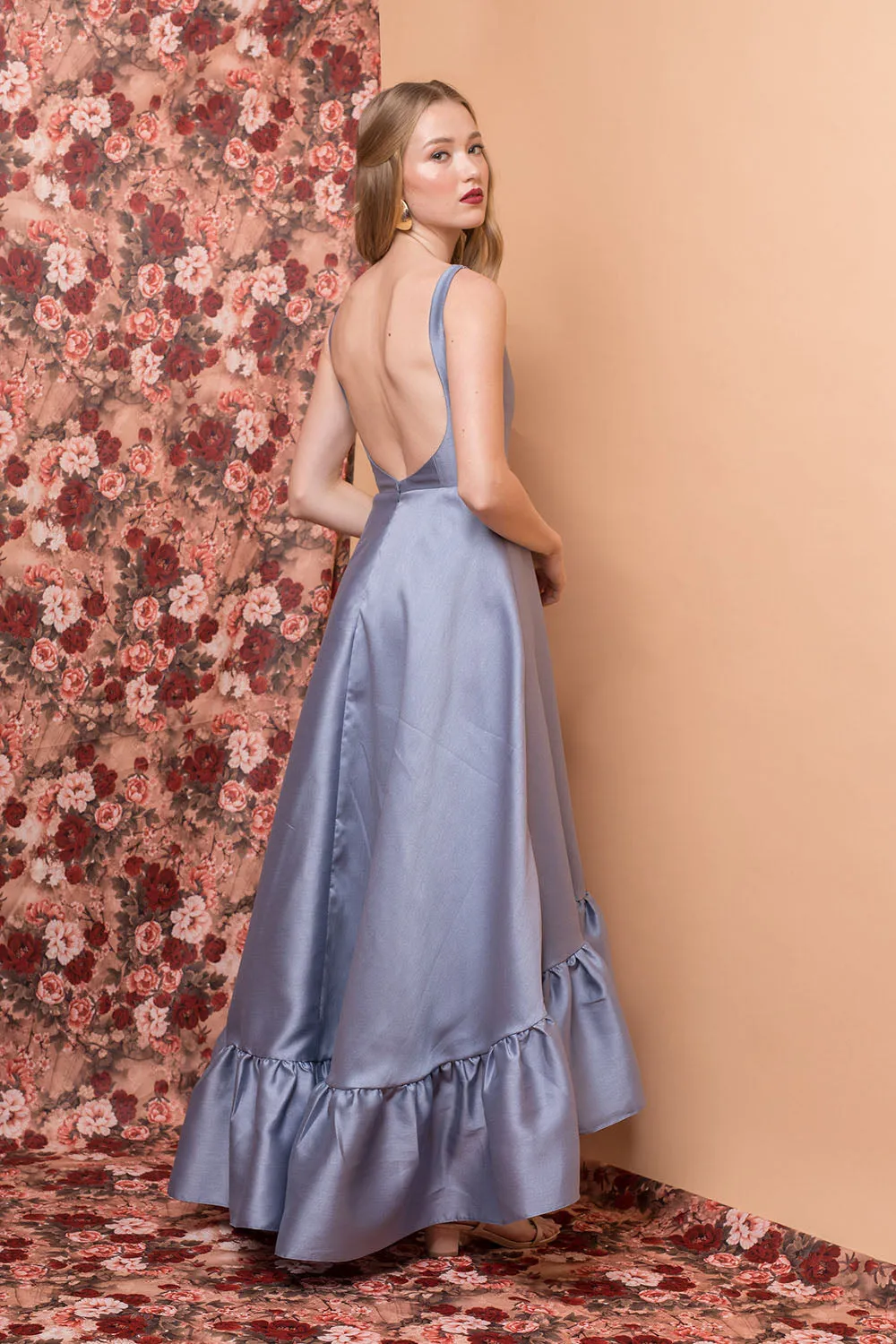 I DO BY ZOO COLETTA Long Back Ruffled Gown with Deep U-Back and Pockets (Serenity Blue Gazaar)