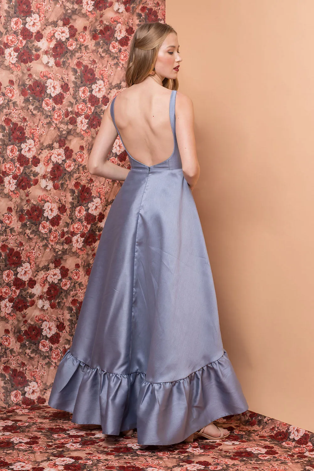 I DO BY ZOO COLETTA Long Back Ruffled Gown with Deep U-Back and Pockets (Serenity Blue Gazaar)