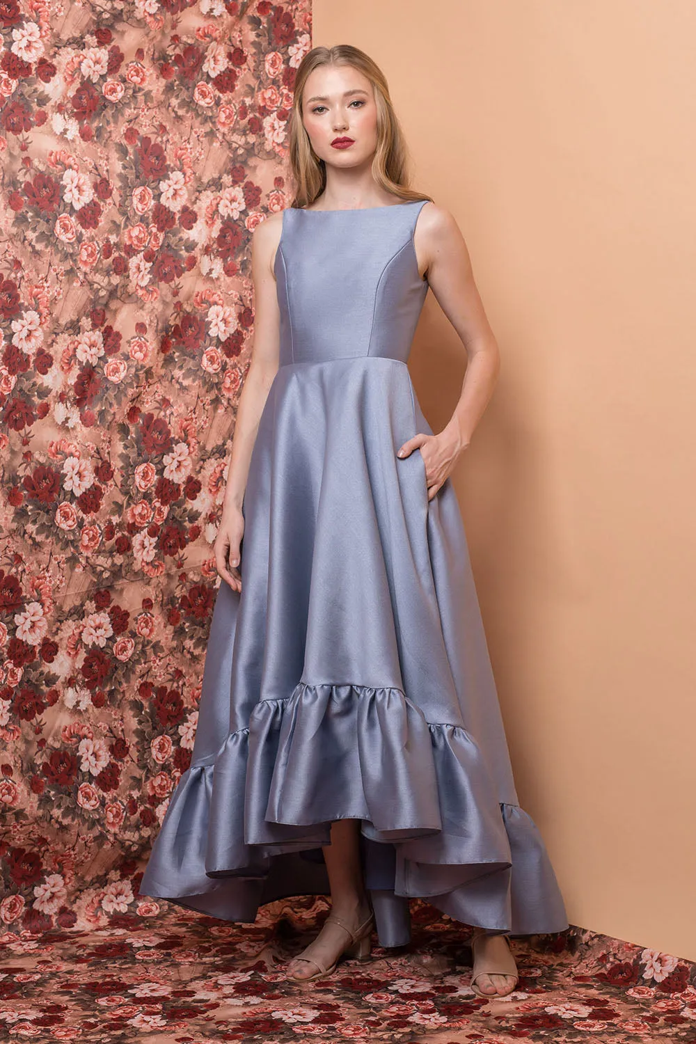 I DO BY ZOO COLETTA Long Back Ruffled Gown with Deep U-Back and Pockets (Serenity Blue Gazaar)