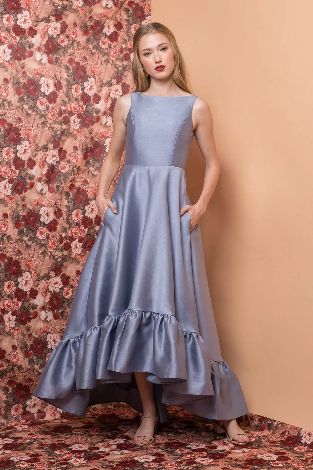 I DO BY ZOO COLETTA Long Back Ruffled Gown with Deep U-Back and Pockets (Serenity Blue Gazaar)