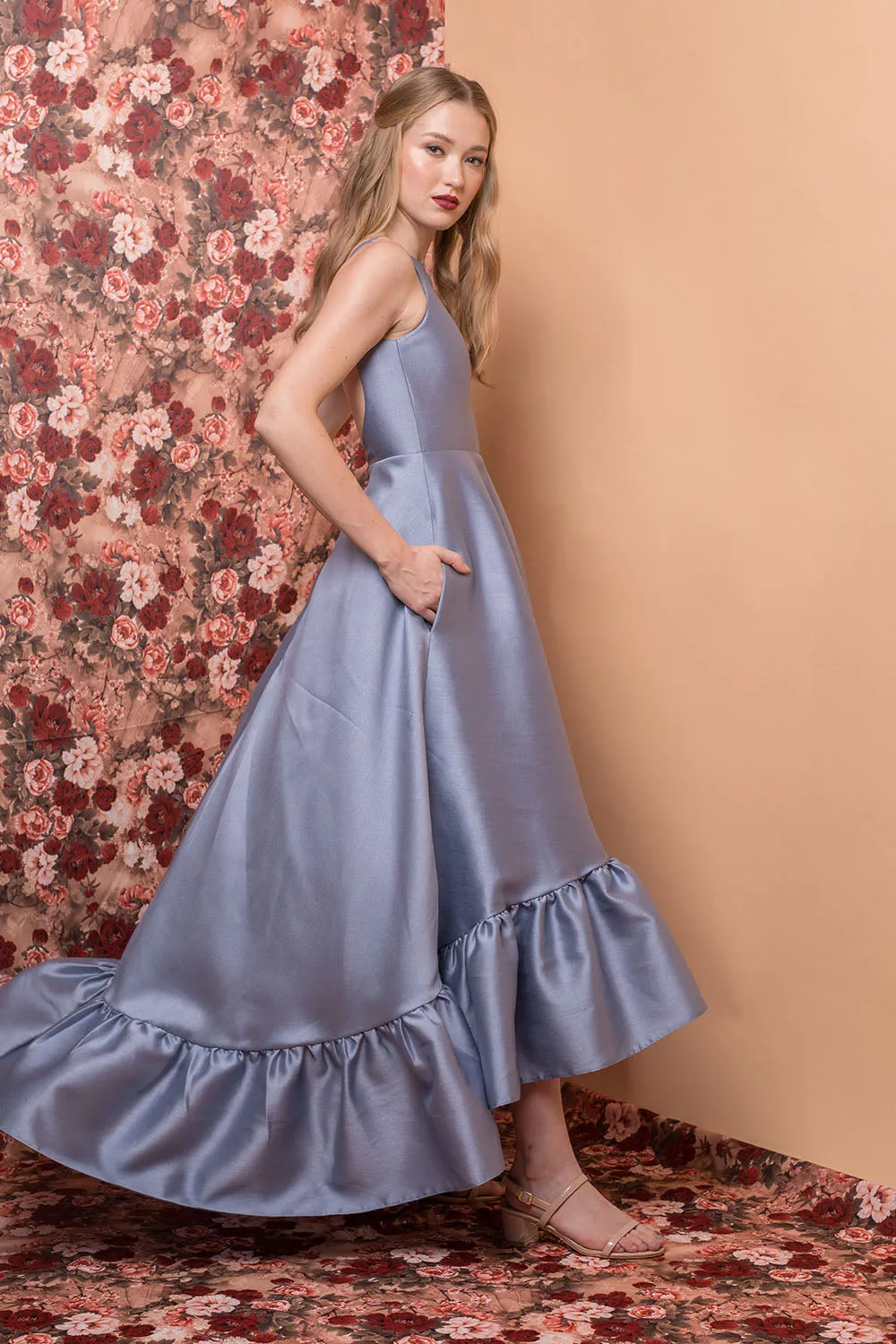 I DO BY ZOO COLETTA Long Back Ruffled Gown with Deep U-Back and Pockets (Serenity Blue Gazaar)