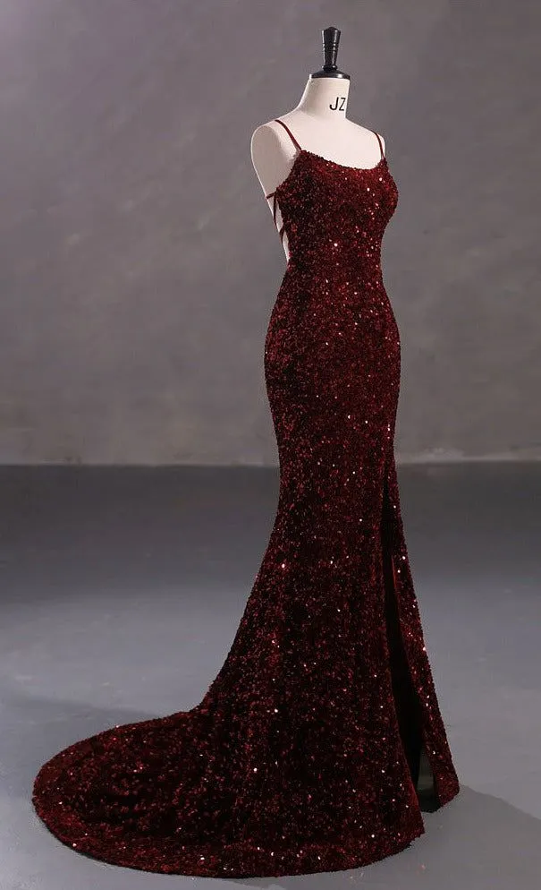 JazzHer Elegant Mermaid Spaghetti Straps Burgundy Sequin Backless Long Prom Dresses Party Dress (PRE-ORDER)