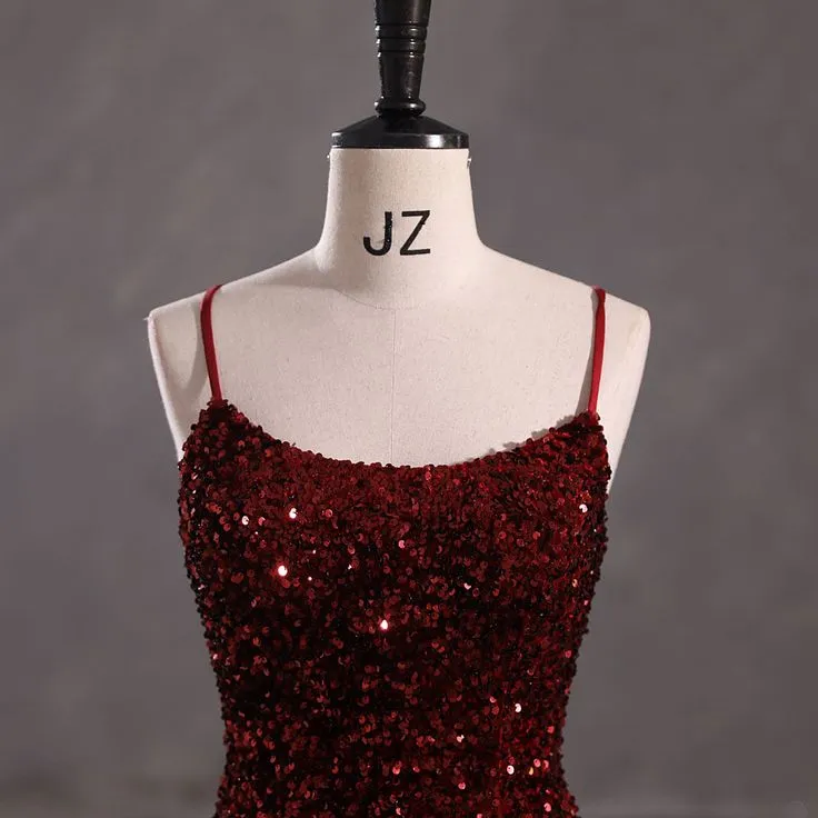 JazzHer Elegant Mermaid Spaghetti Straps Burgundy Sequin Backless Long Prom Dresses Party Dress (PRE-ORDER)