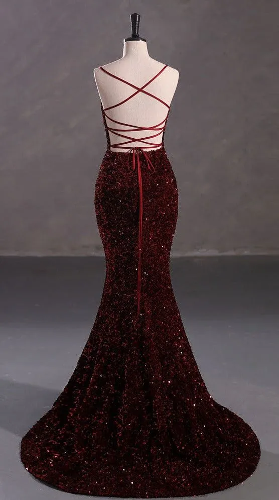 JazzHer Elegant Mermaid Spaghetti Straps Burgundy Sequin Backless Long Prom Dresses Party Dress (PRE-ORDER)