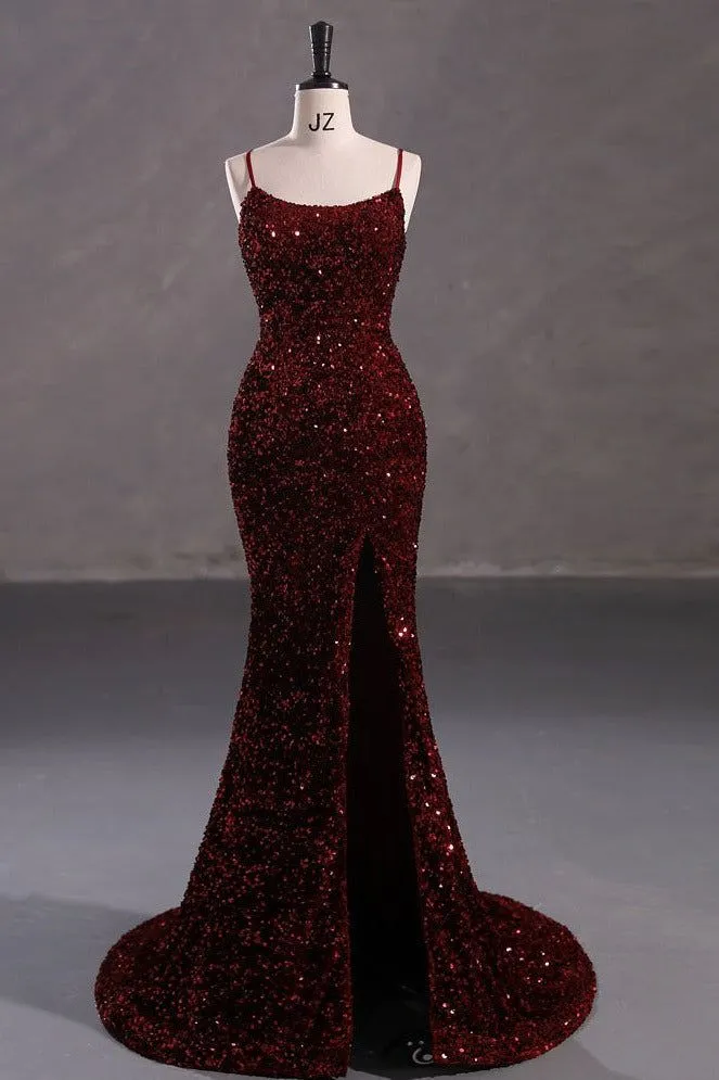 JazzHer Elegant Mermaid Spaghetti Straps Burgundy Sequin Backless Long Prom Dresses Party Dress (PRE-ORDER)