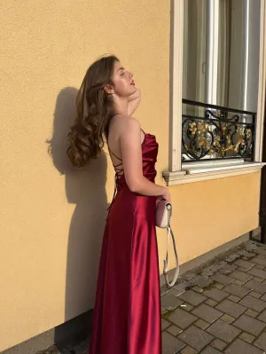 JazzHer Modest A Line Spaghetti Straps Backless Burgundy Satin Long Prom Dresses Evening Dress (PRE-ORDER)