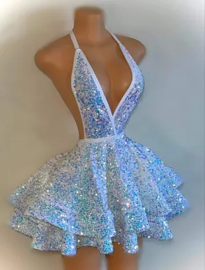 JazzHer Sexy Ball Gown Halter White Sequin Homecoming Dresses Short Hoco Dress With Backless (PRE-ORDER)