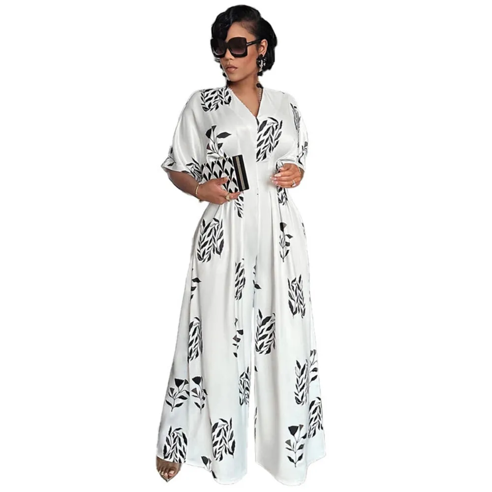 Jumpsuit Printed Loose Shoulder Drape Wide Leg Trousers