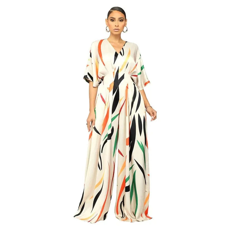 Jumpsuit Printed Loose Shoulder Drape Wide Leg Trousers