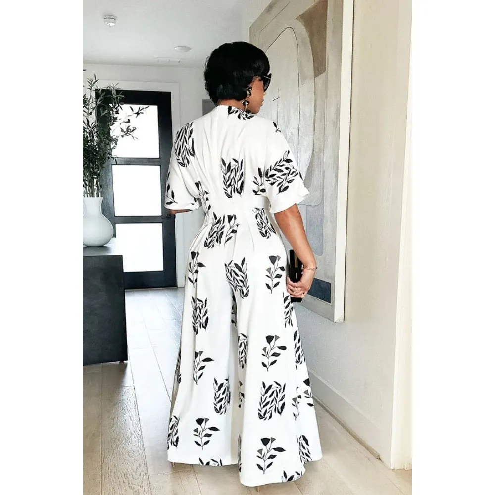 Jumpsuit Printed Loose Shoulder Drape Wide Leg Trousers