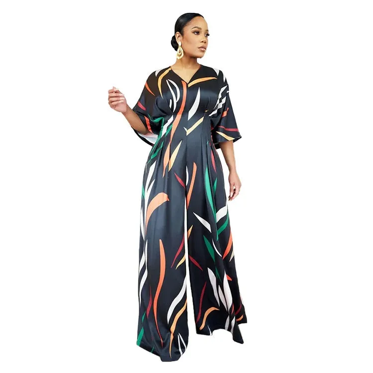 Jumpsuit Printed Loose Shoulder Drape Wide Leg Trousers