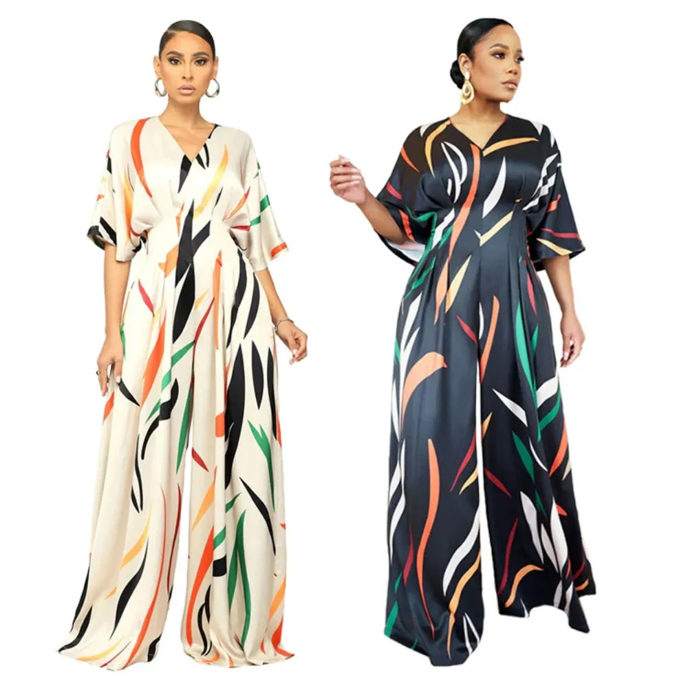 Jumpsuit Printed Loose Shoulder Drape Wide Leg Trousers